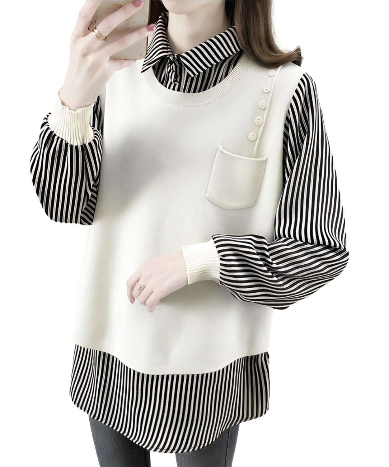 【送料無料】[Four leaf] 【1枚で主役級】 重ね着風 トップス レディース 長袖 春 秋 チュニック 異素..