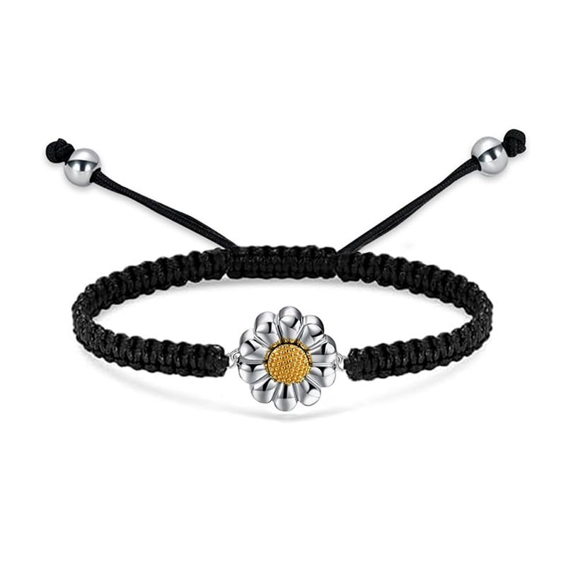 【送料無料】[Rockyu] 手首骨壺ブレスレット 手元供養 メモリアルペンダント 遺骨入れ 手作り編み紐 太陽花デザイン 雛菊モチーフ メモリアルジュエリー 色：ブラック、サイズ：M