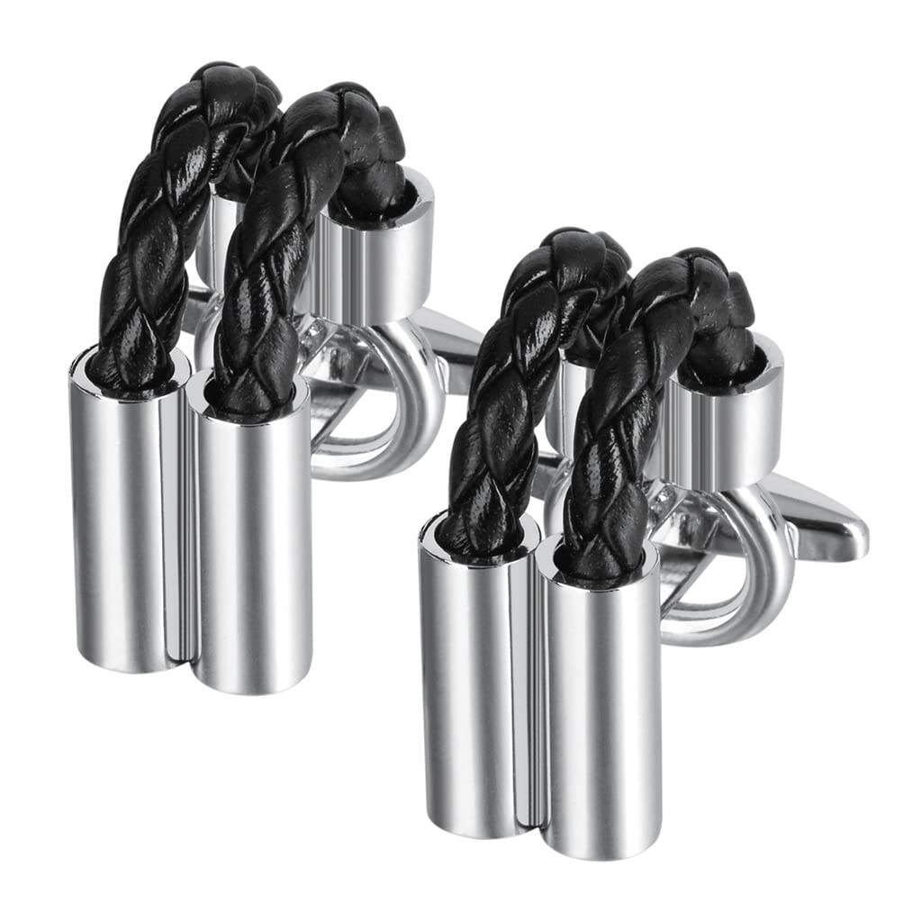 【送料無料】Rockyu カフスボタン メンズ ブラックレザー 編み込み ステンレス ビジネス フォーマル スーツアクセサリー ギフト プレゼント 色：Black Silver、サイズ：28mm*25mm*12mm