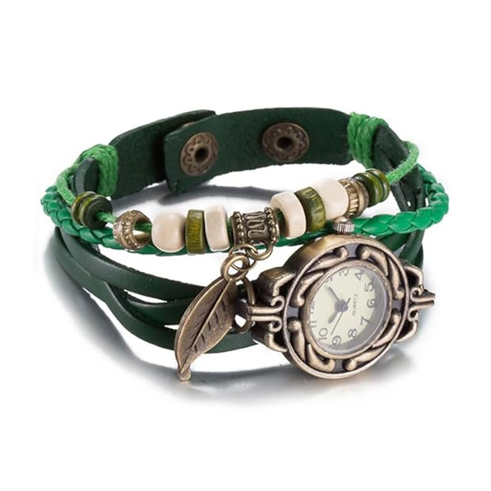 【送料無料】Rockyu ジュエリー メンズ レディース ブレスレットウォッチ 編み込み 手作り レトロ感 オレンジ 黄色 時計 ブレスレット 色：グリーン