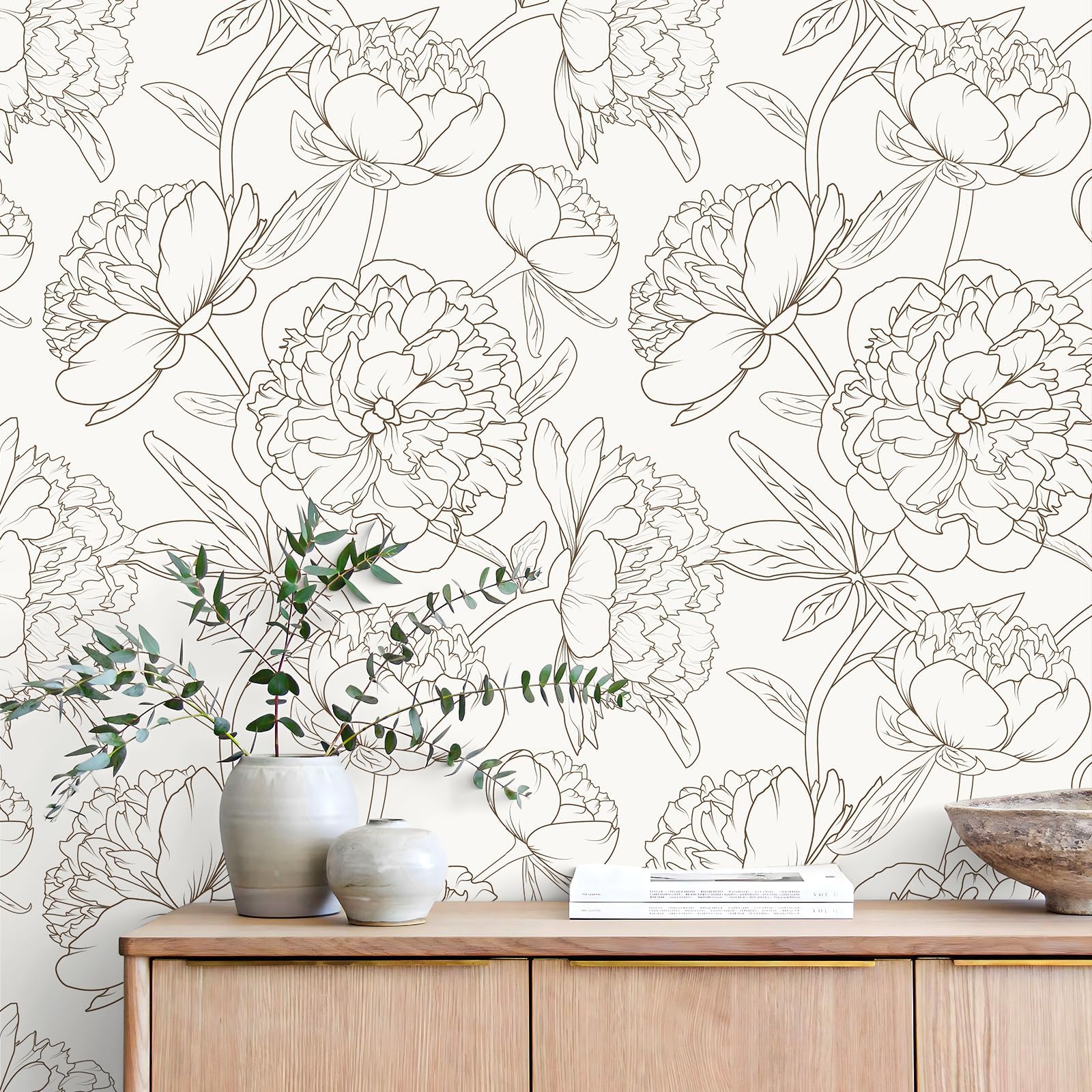 【送料無料】VEELIKE 花柄 貼る壁紙 壁紙シール レンゲの線描き 和調 クロス リメイクシート ベージュ ..