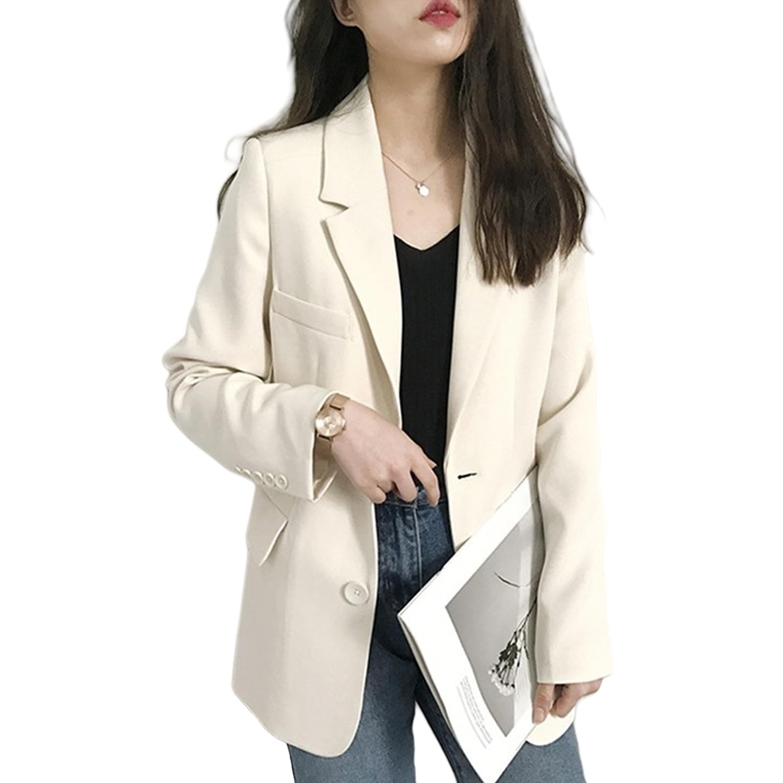 【送料無料】[TeMibery Lyric] ジャケット レディース コート アウター カジュアル 大きいサイズ 長袖 春 秋 冬 おしゃれ ビジネス ゆったり 上品 コート 着痩せ 無地 ブレザー 薄手 トップス エレガント 体型カバー 秋服 きれい vネック 色：ベージュ、サイズ：M