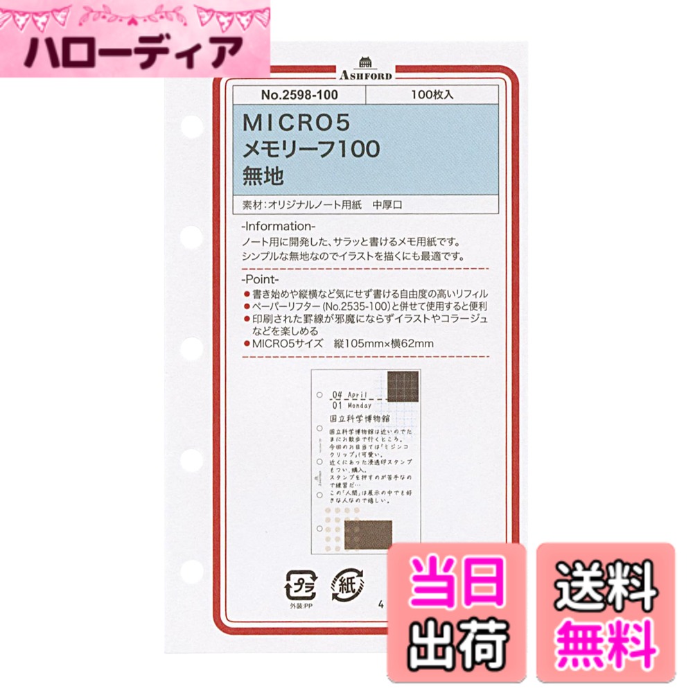 【送料無料】ミニ5サイズ メモリーフ 100 【無地】 M5 システム手帳リフィル 2598-100 色：白