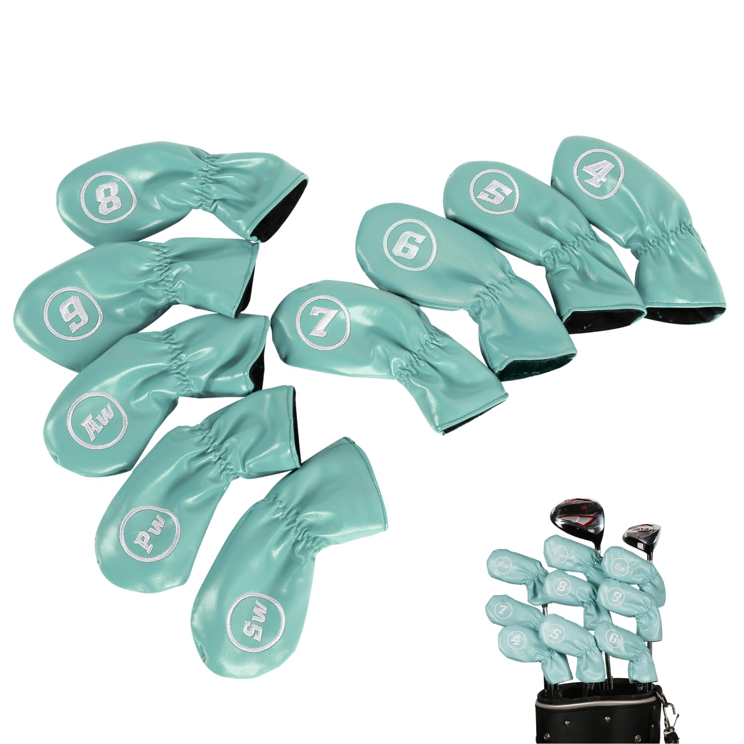 【送料無料】ゴルフ ヘッドカバー ゴルフクラブ AW PW SW 4番-9番 アイアンカバー ウェッジカバー Golf アクセサリー スポーツギア プレゼント お祝い 防水 刺繍 PUレザー 9枚セット 色：【アイスブルー】