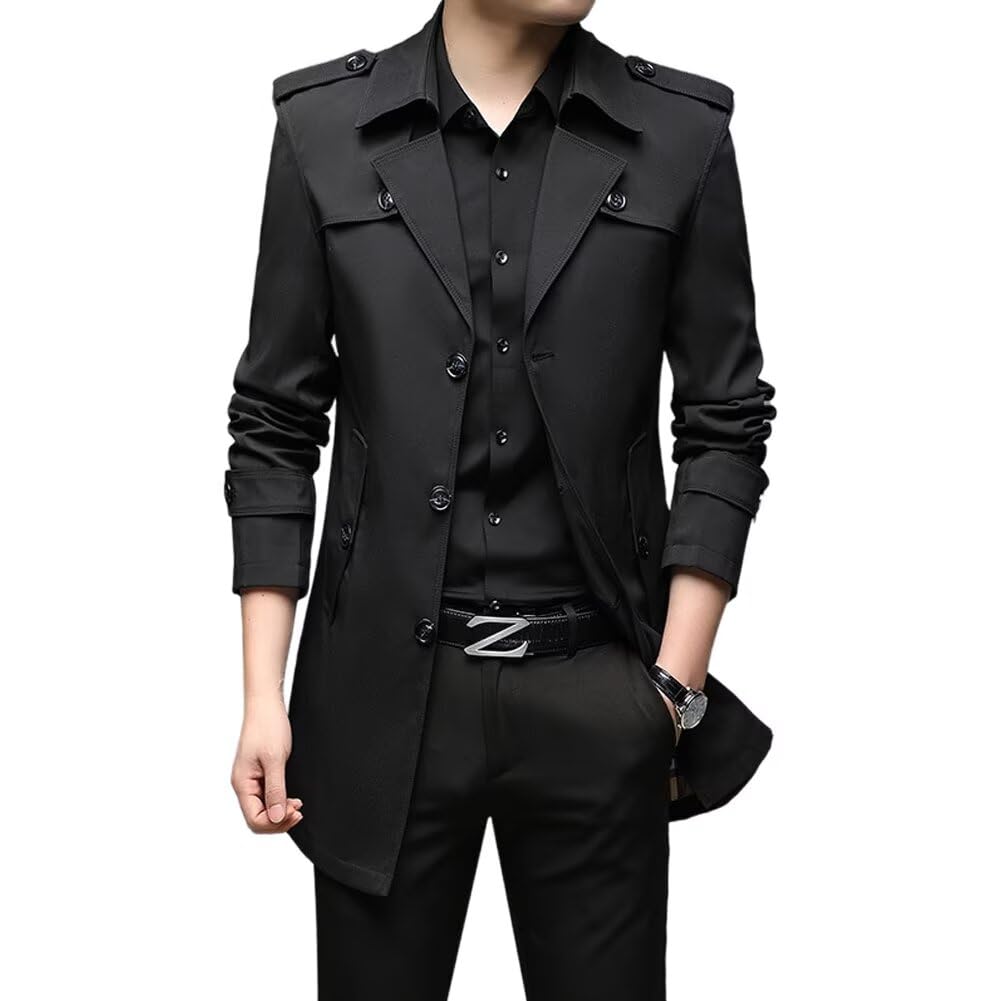 【送料無料】[Quntum A.E] トレンチコート メンズ ジャケット スプリングコート 防風 撥水 無地 ビジネス カジュアル 兼用 折り襟 春 秋 冬 スタイリッシュ 韓国風 色：ブラック、サイズ：XL