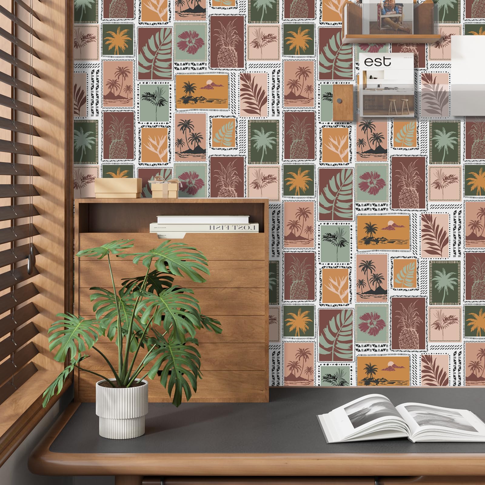 商品情報商品の説明主な仕様 【美しいパターン】カラー：多色・マルチカラー サイズ：44.5x200cm 材質：ポリ塩化ビニル(PVC) この壁紙デザインは、トロピカルとレトロな要素をベースに、自然の美しさとレトロなスタイルを巧みに融合させ、...