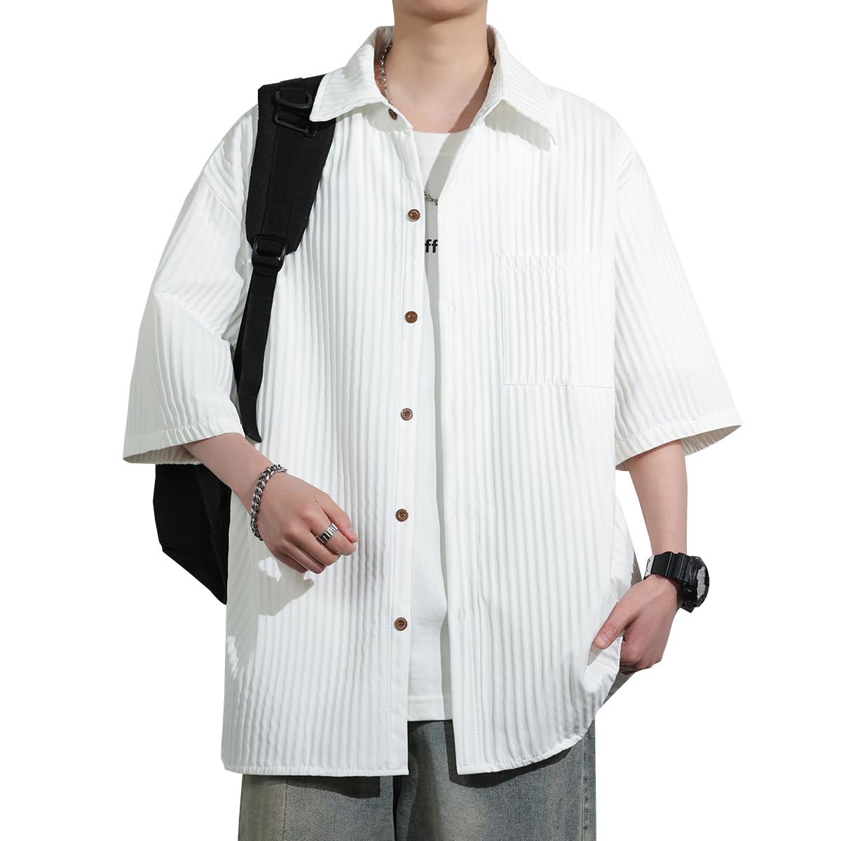 【送料無料】[Metakey] 夏服 メンズ シャツ 半袖 ファッション ボタンアップ シャツ 大きいサイズ 無地 柔らかい 軽い 通気 カジュアル シンプル オシャレ 人気 服 吸汗速乾 色：#03：ホワイト、サイズ：XL