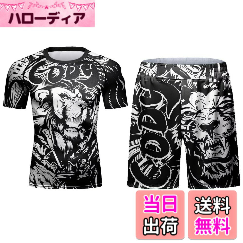 【送料無料】[ORBU] スポーツインナー メンズ 上下セット コンプレッション トップス メンズ 半袖 Tシャツ+ スポーツショートタイツ プリント柄 インナー パワーストレッチ アンダー シャツ 吸汗 速乾 通気 トレーニングウェ 色：ブラック半袖（ライオン匹）、サイズ：XL