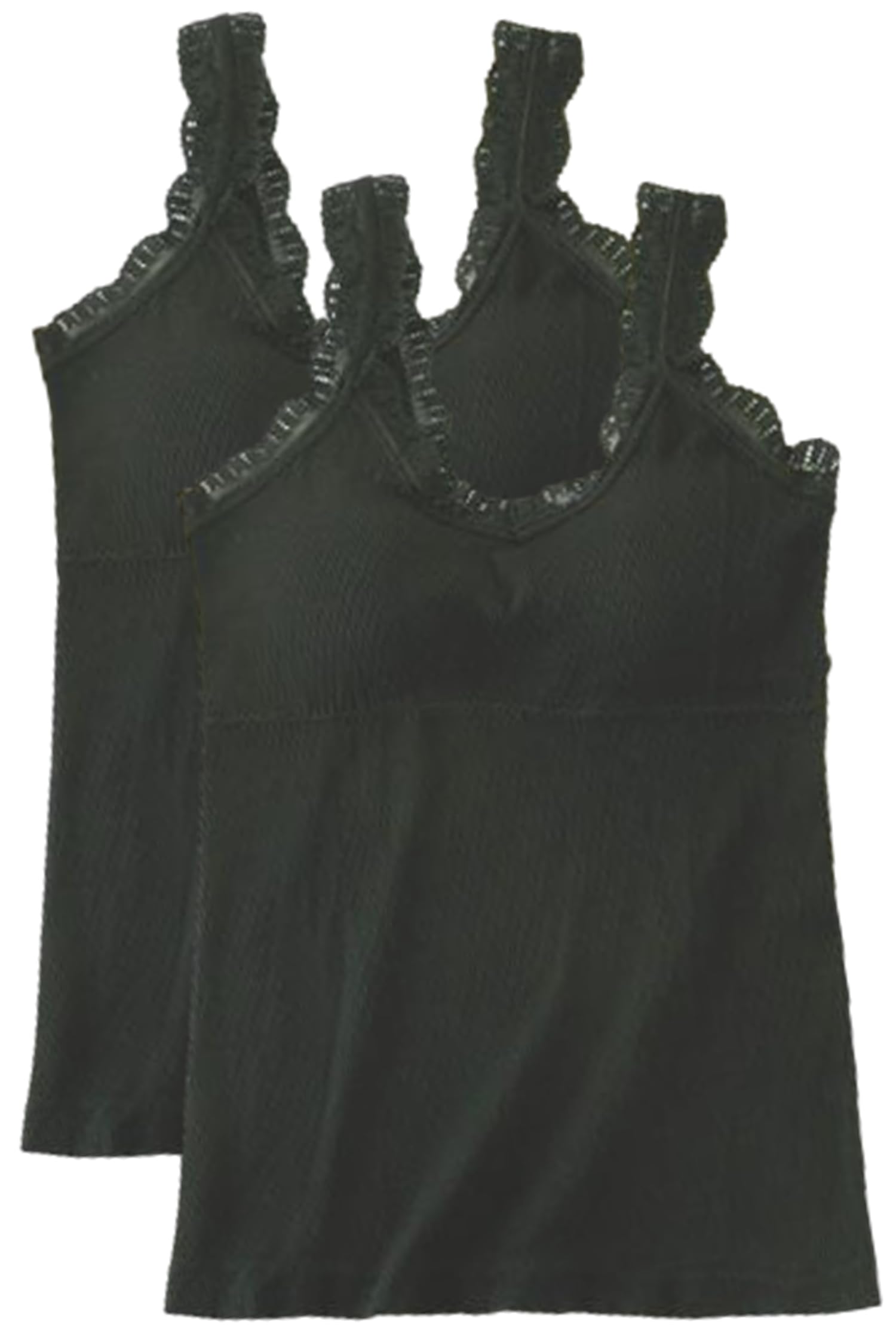 【送料無料】[Aquamie] ブラトップ タンクトップ キャミソール カップ付き 2枚組 Vネック ブラタンクトップ ブラキャミ パット付き 肩紐 レース 色：ブラック、サイズ：Free Size