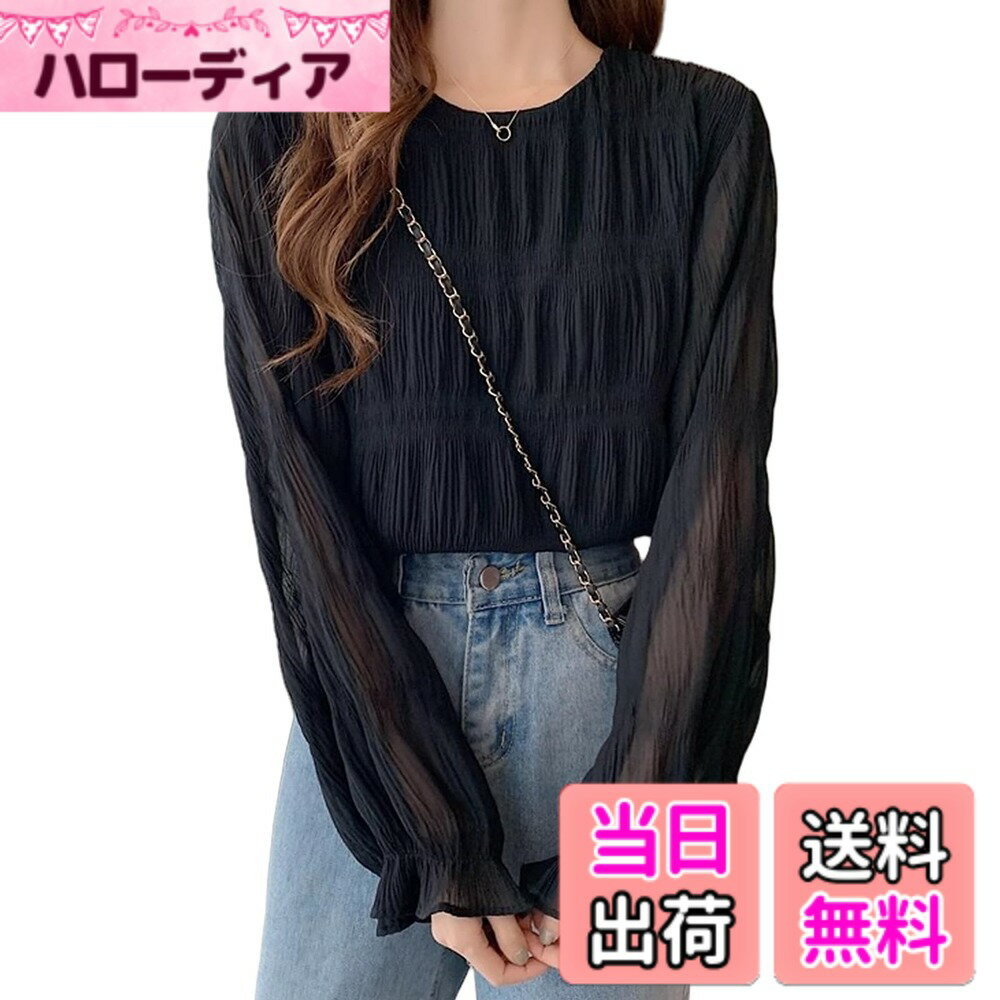 Other - 【送料無料】[TeMibery Lyric] ブラウス レディース フリル シャーリング 大きいサイズ カジュアル シャツ 透け感 ゆったり きれいめ クルーネック エレガント 長袖 可愛い トップス オフィス カットソー ファッション 韓国 無地 プルオーバー 色：ブラック、サイズ：XL