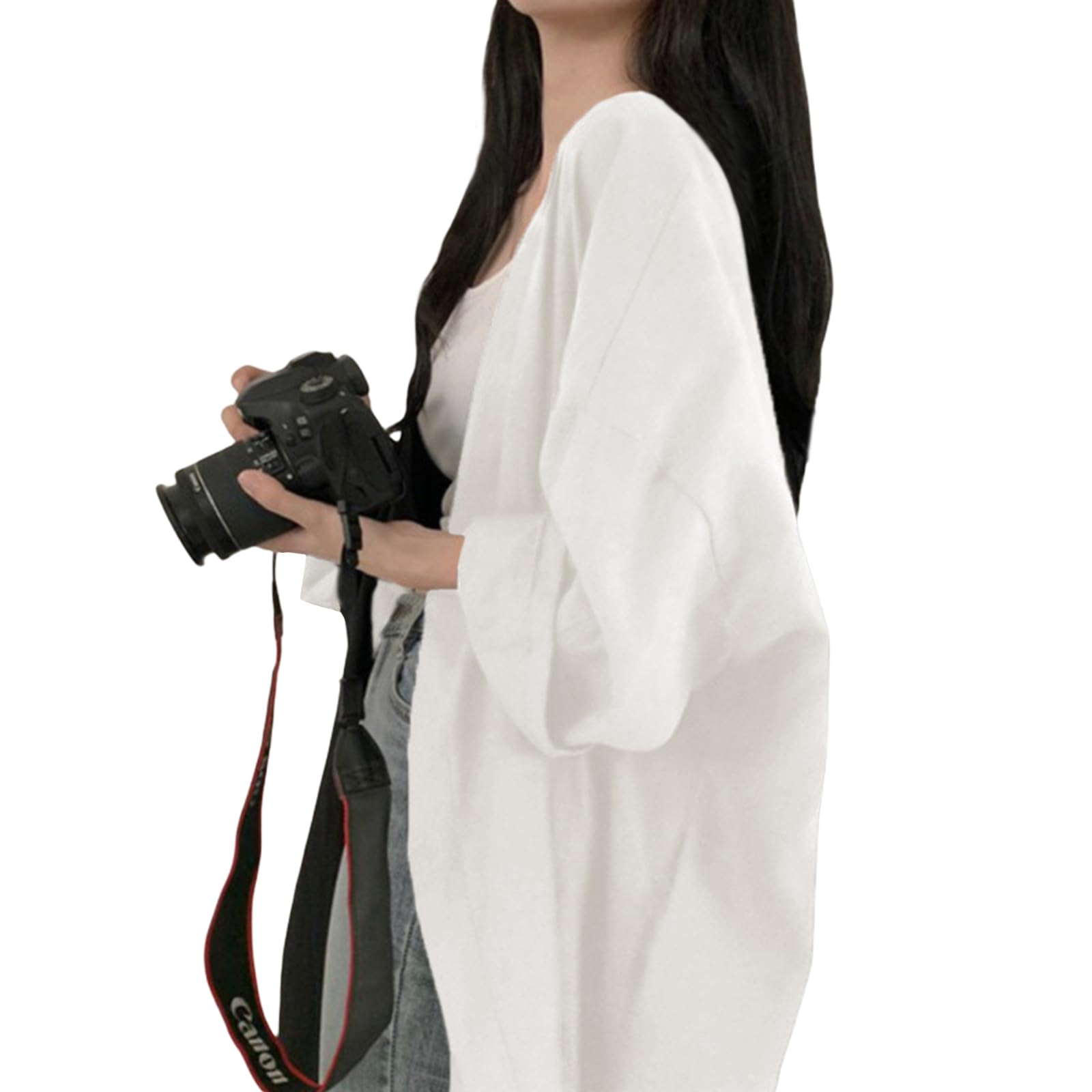 【送料無料】[TeMibery Lyric] カーディガン レディース UVカット 羽織り ゆったり 前開き 大きいサイズ カジュアル 無地 長袖 トップス ボタンなし 透け感 可愛い 薄手アウター 紫外線対策 日焼け止め服 冷房対策 体型カバー おしゃれ 色：ホワイト、サイズ：Free Size