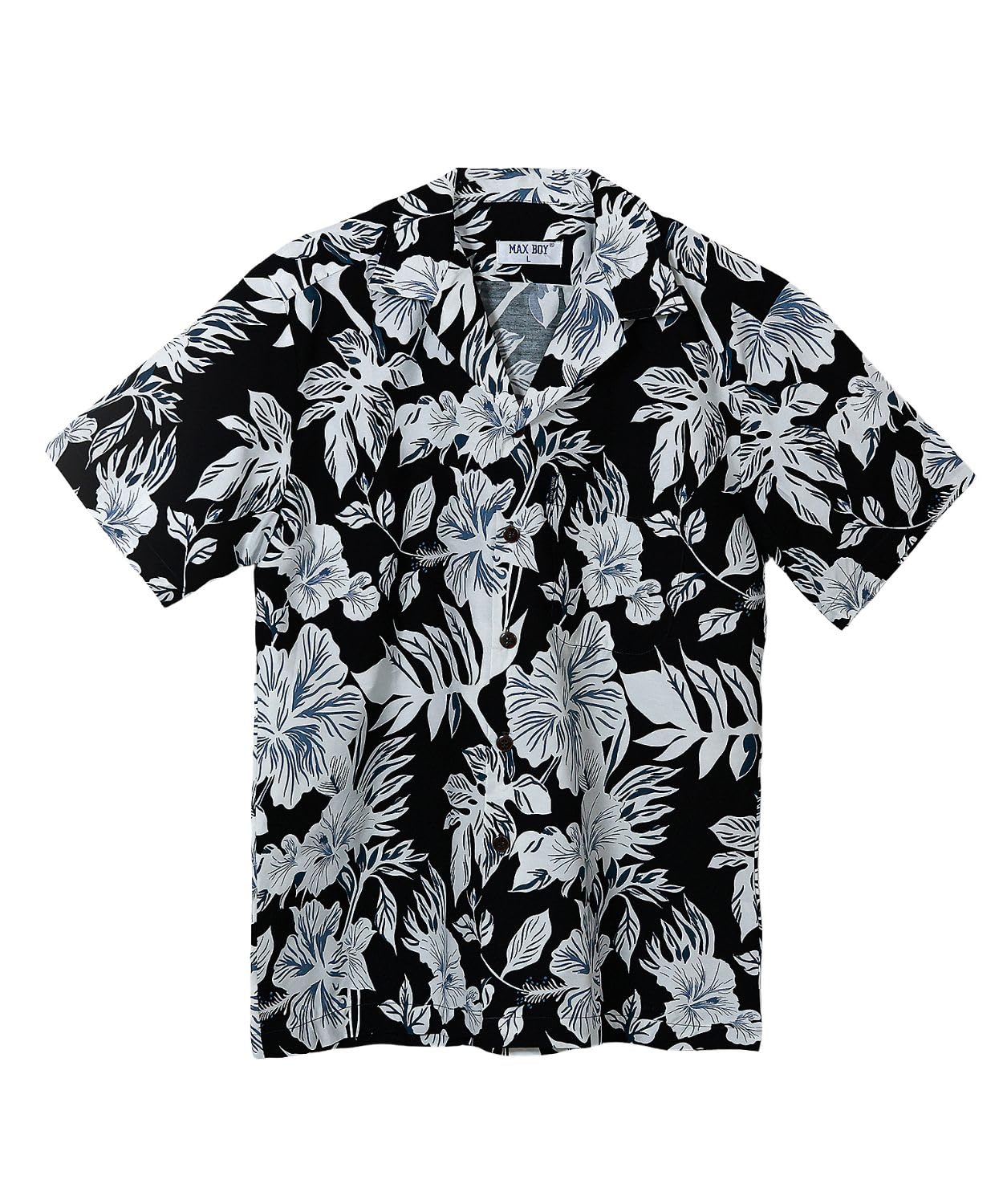【送料無料】[Four leaf] おしゃれ アロハシャツ メンズ 半袖 夏服 服 カジュアルかりゆしウェア 柄シャツ 開襟シャツ トップス ハワイアン ゆったり カジュアル 綿 コットン100% 色：ブラックホワイト、サイズ：L