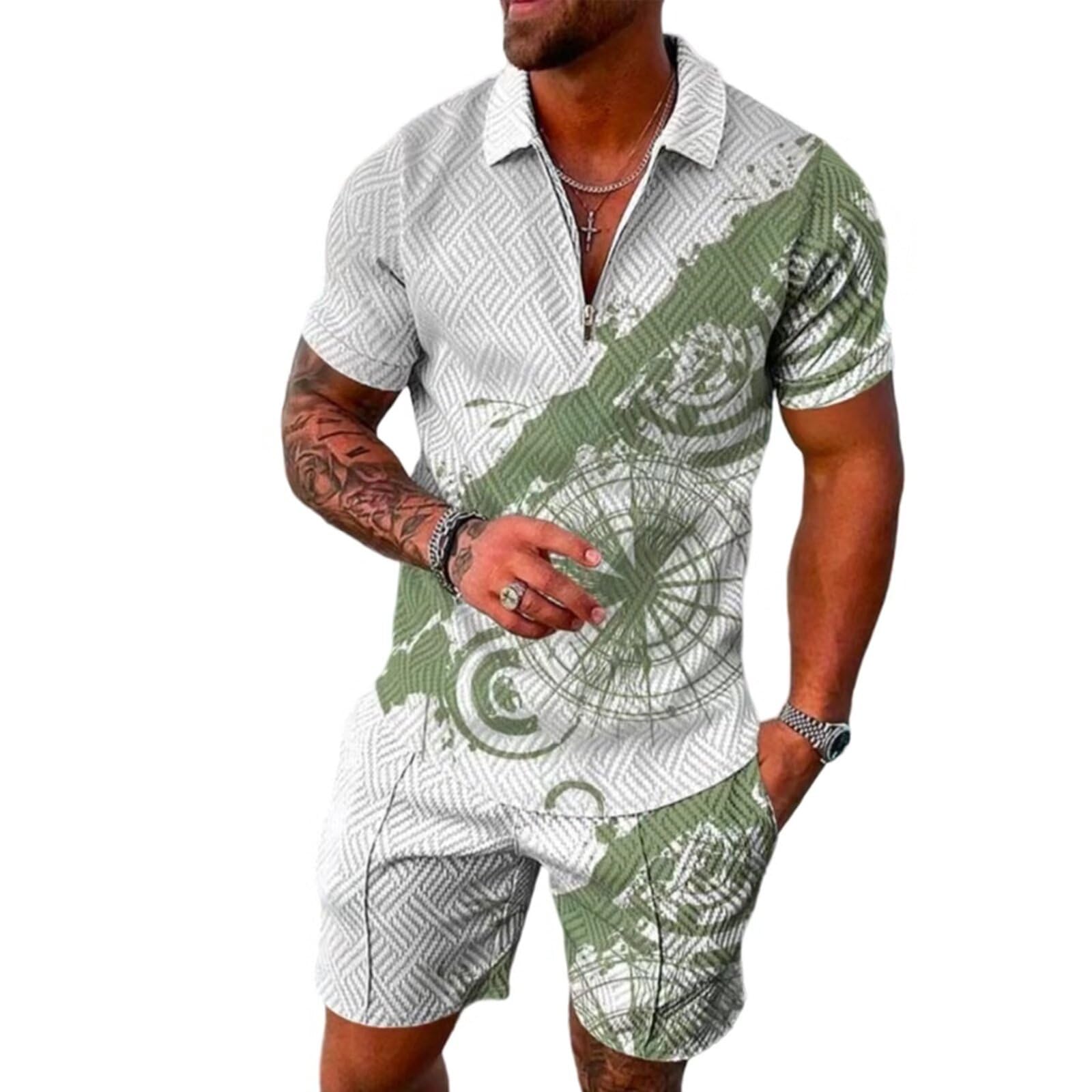 【送料無料】[UUEN] メンズ スポーツウェア セットアップ ハーフファスナー 半袖 夏服 ジャージ ハーフパンツ カジュアル 襟付きシャツ 短パンツ Vネック シャツ フィットネス アウトドア 上下2点セット 色：WGN、サイズ：L