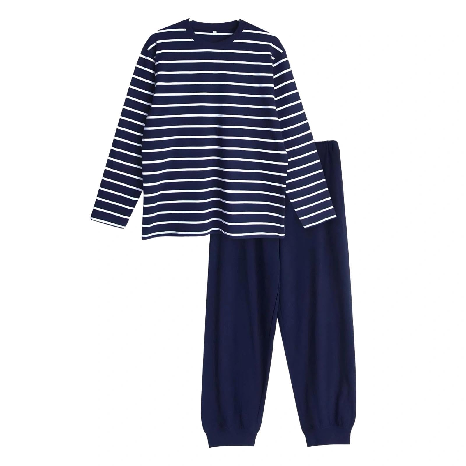 【送料無料】[Smomo] パジャマ メンズ 長袖 長ズボン 100%綿 肌に優しい 柔らかい 快適 Tシャツ素材 上下セット ルームウェア 部屋着 春夏秋用 色：ネイビー/ホワイト、サイズ：L