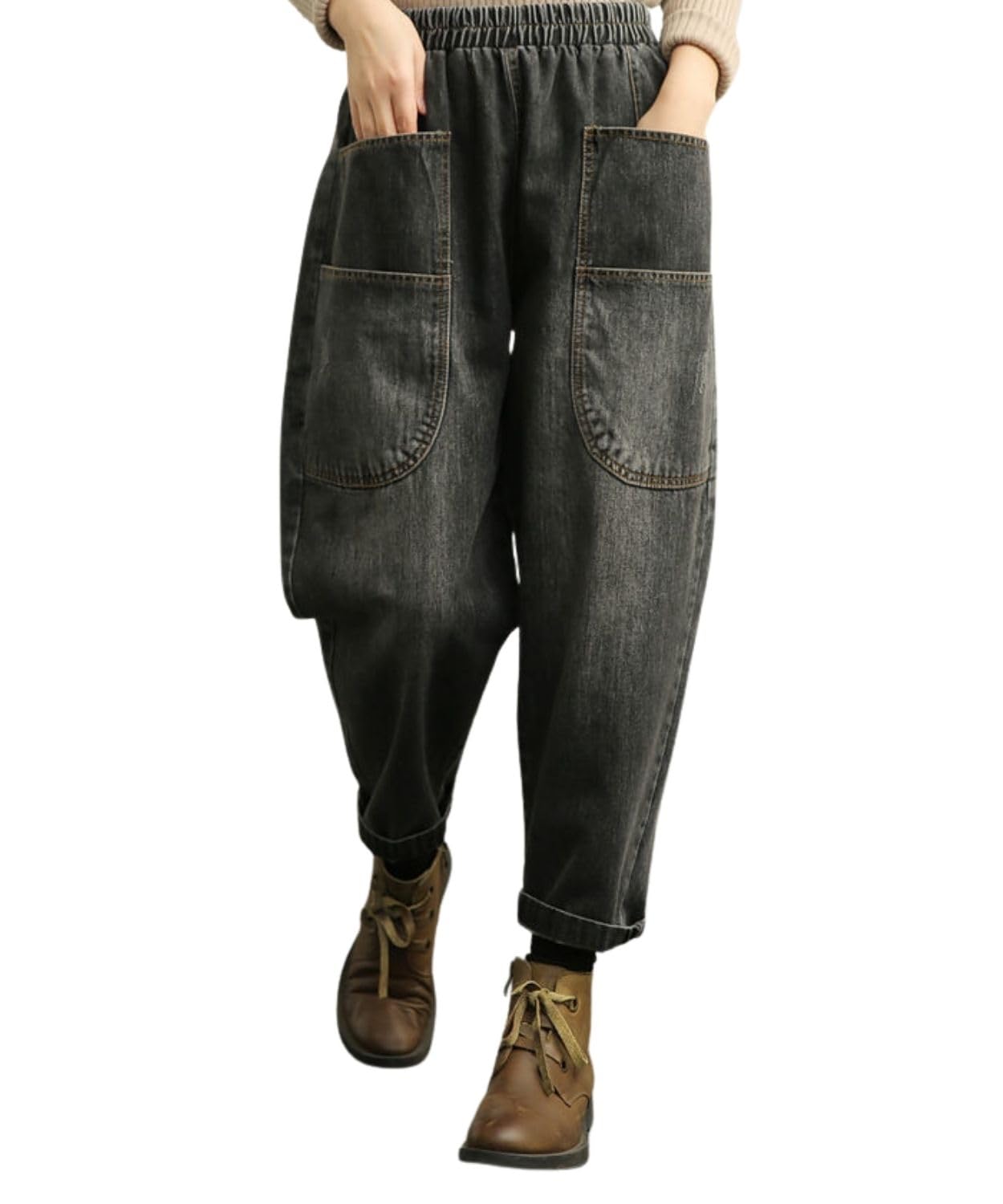 【送料無料】[Four leaf] レディース デニムパンツ ハイウエスト ハーレム 九分丈 ワイドシルエット ヴィンテージ ウォッシュ加工 ゆっ..