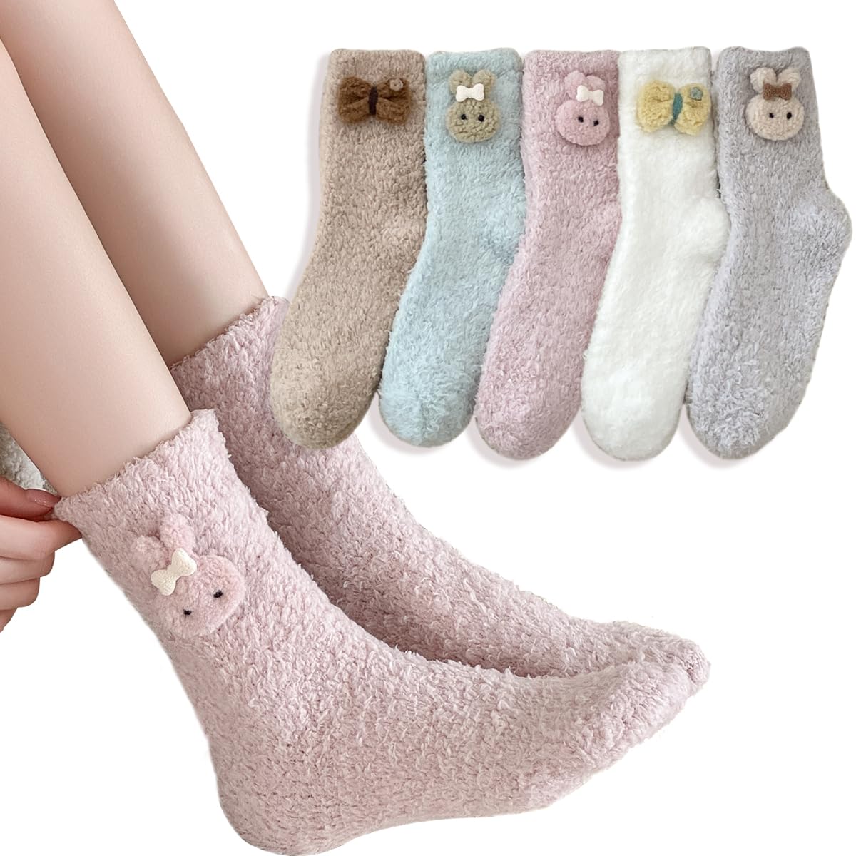 【送料無料】[Sandyting] 5足組 レディース もこもこ靴下 ルームソックス 可愛い 暖かい靴下 防寒 発熱 秋冬 厚手 保温力 ふわふわ ぽかぽか 睡眠 色：うさぎ、サイズ：22.0-25.0 cm