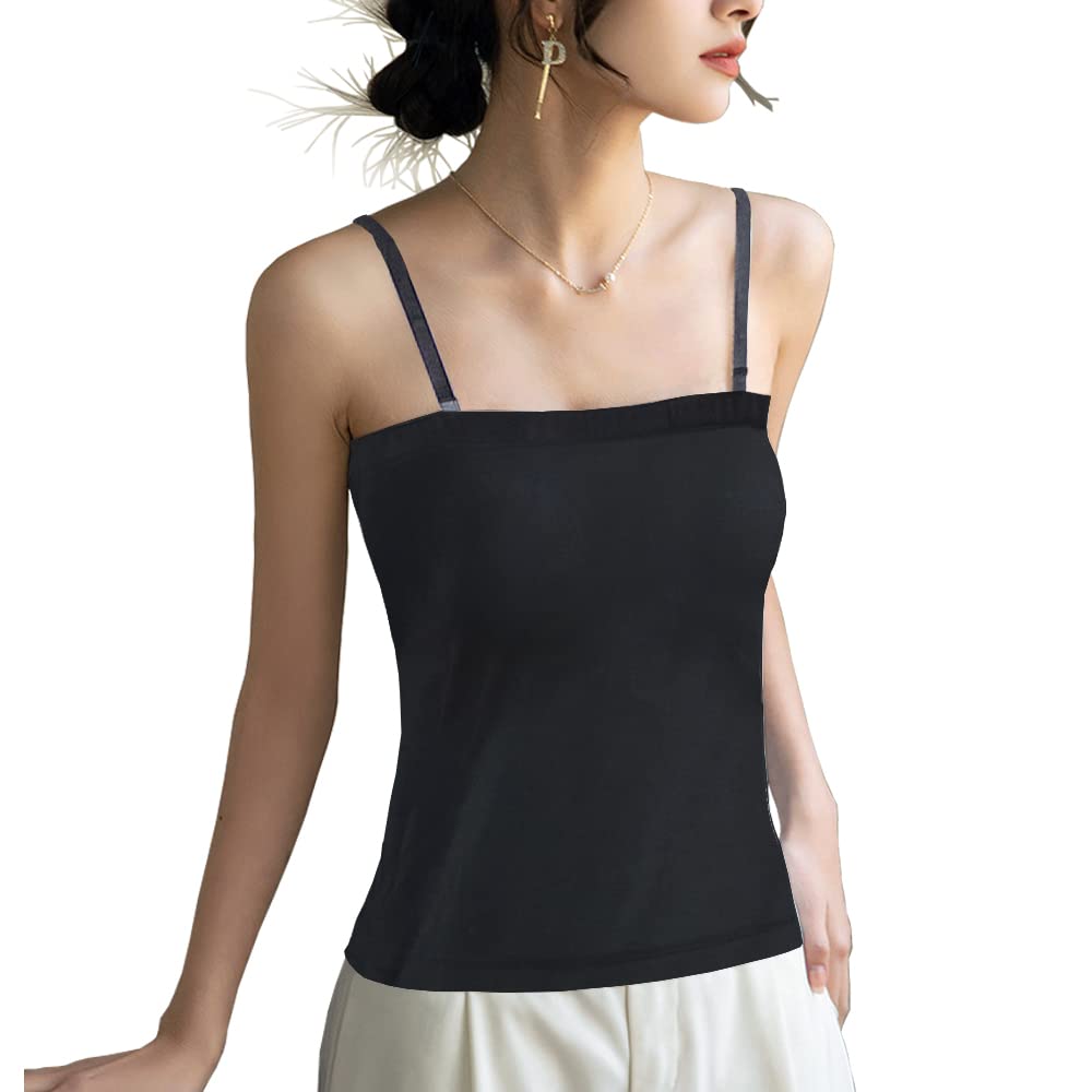 【送料無料】[Reyika] カップ付きキャミソール レディース チューブトップ ストラップ取り外し可能 柔らかい 快適 肌優しい キャミソール インナー トップス 色：ブラック、サイズ：M