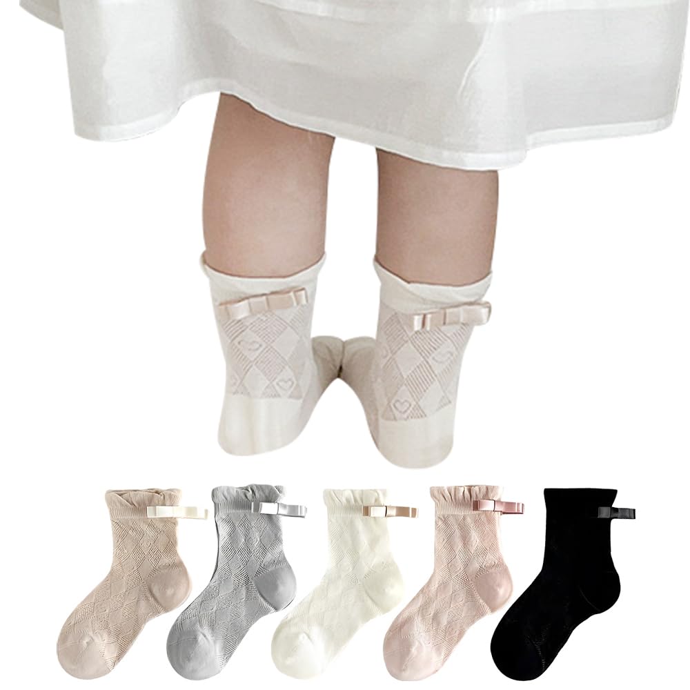 【送料無料】[ZGKULAEAOW] ［安価セール］靴下 子供 女の子 グログランリボン フリル 無地 夏 薄手 メッシュ ジュニアキッズ クルー丈 親子 5足セット 色：5足組、サイズ：23.0-25.0 cm