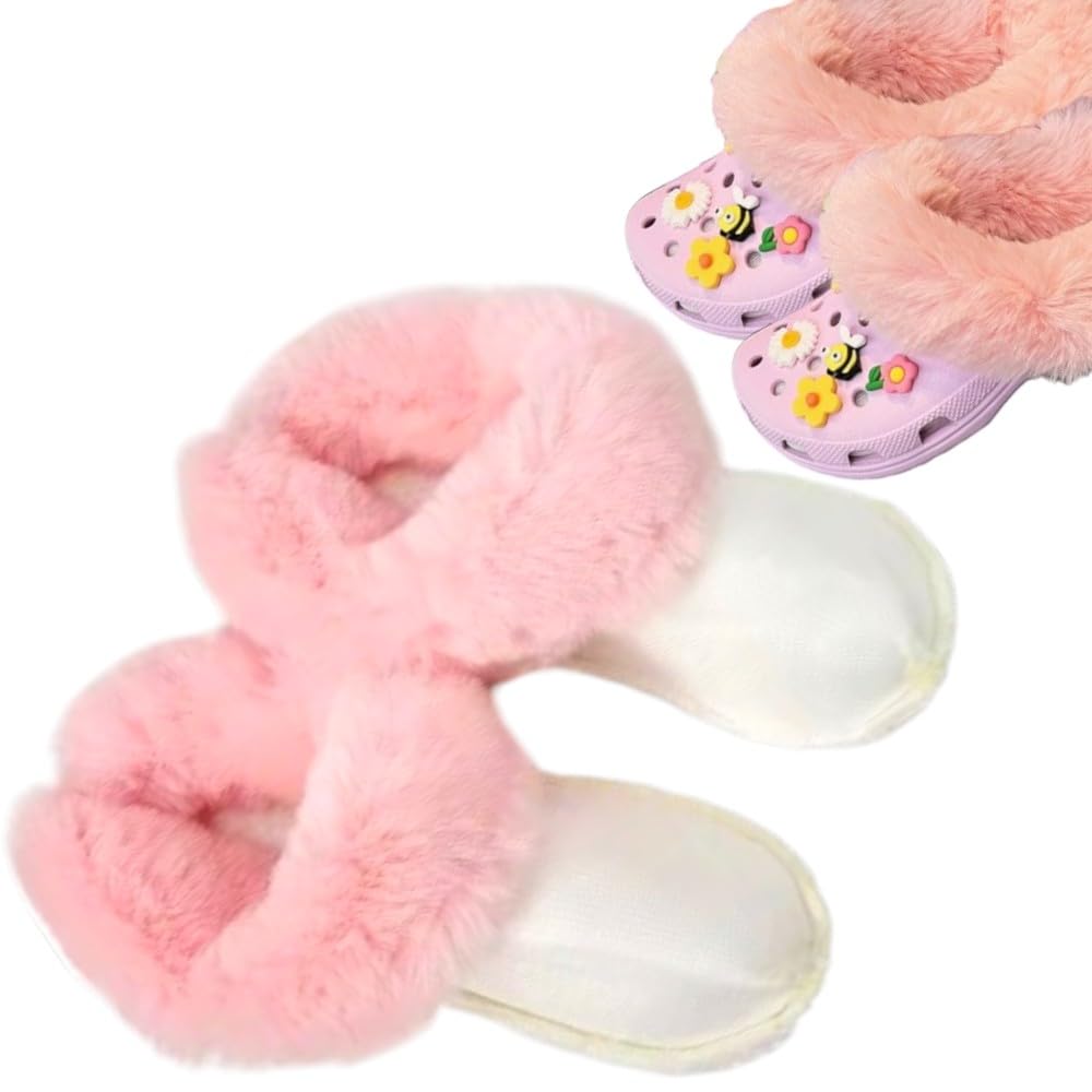 【送料無料】ファー インソール クロックス 用 もこもこ 毛皮 暖かい 冬 シューチャーム 靴 アクセサリー ジビッツ 可愛い サンダル ファンシー かわいい 韓国 クロックスライナー 中敷き 色：ピンク、サイズ：24.0cm(38-39)