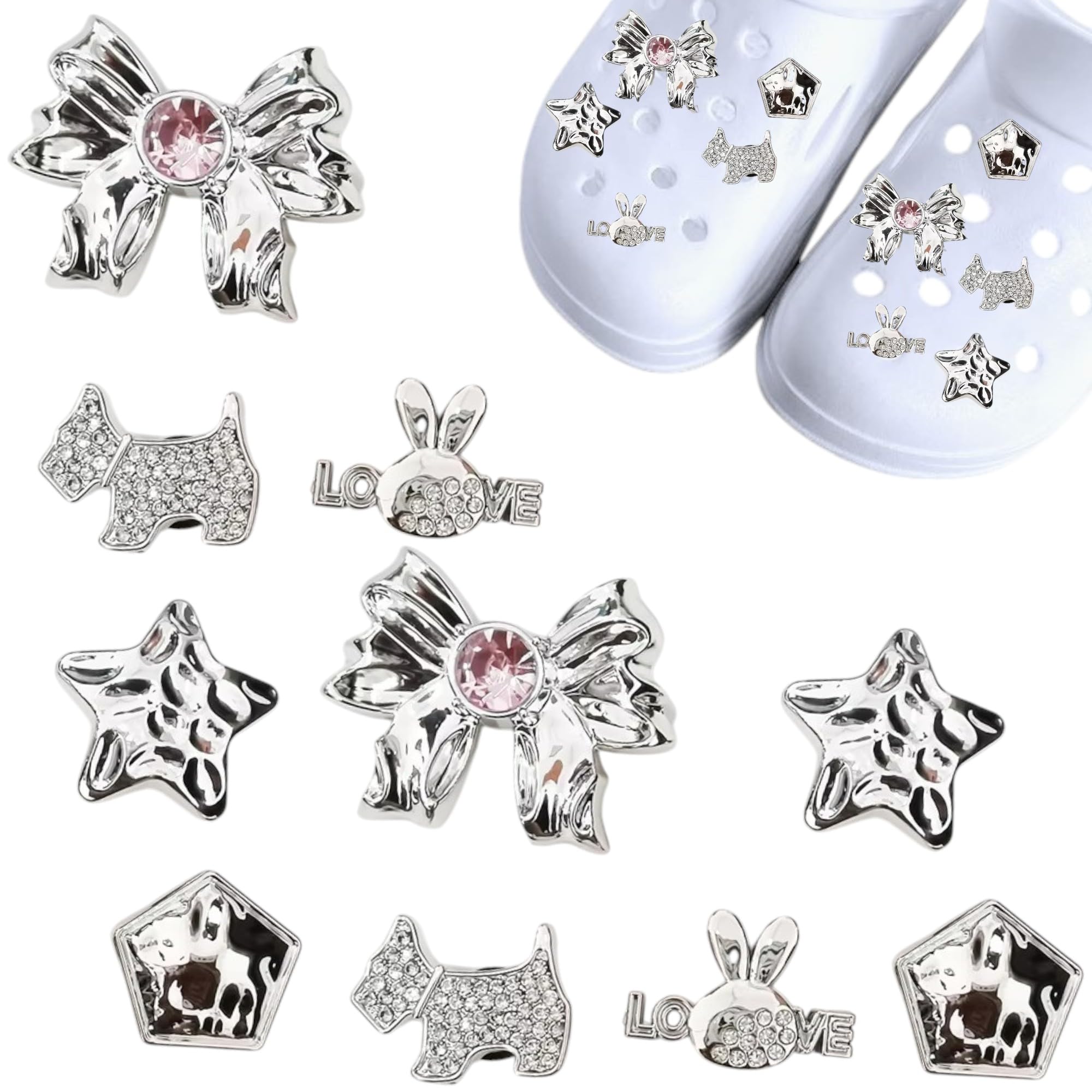 【送料無料】リボン テリア ラビット スター 10個 クロックス ジビッツ シューチャーム ラグジュアリー クロッグアクセサリー ファッション シューズ チャーム DIY サンダル デコレーション レディース ガールズ 色：シルバー、サイズ：FREE