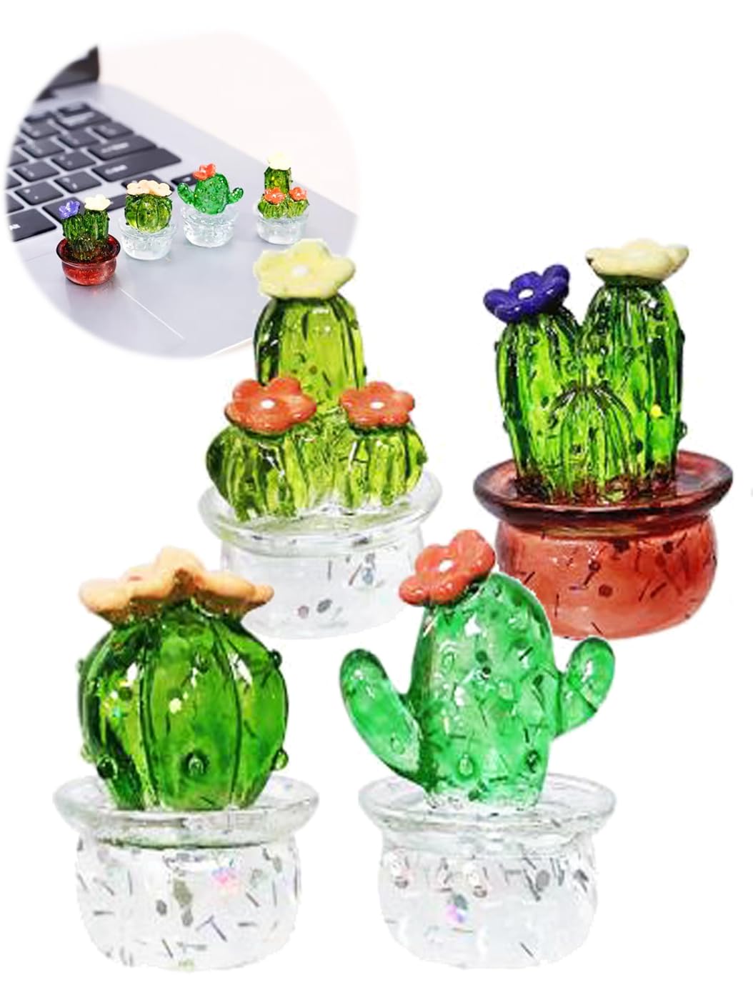 【送料無料】S.fields.inc サボテン ミニオブジェ 置物 4個セット レジン 樹脂 インテリア 鉢植え 飾り物 透明 色：透明