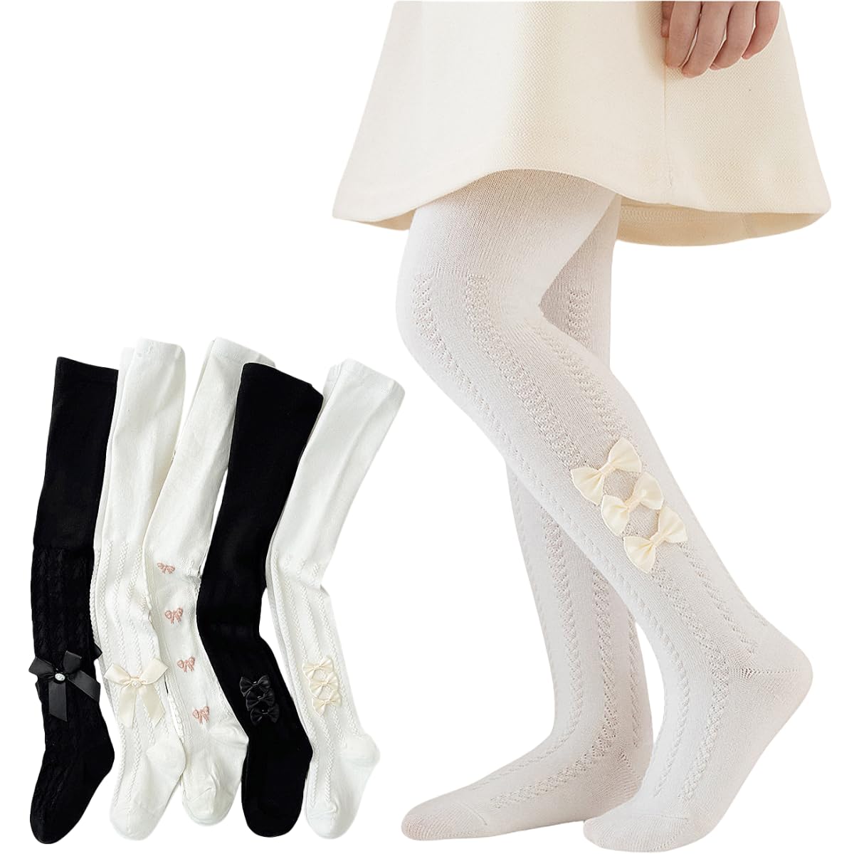 【送料無料】[VNGOLERRY] タイツ キッズ キッズタイツ ガールズレギンス 春 秋 冬 綿 靴下 リボン 蝶結び 防寒対策 暖かい ストッキング 美脚 通学 女の子 子供 無地 白 黒 発表会 七五三 90 100 110 120 130 140 150 色：ブラック・小さいリボン、サイズ：XL