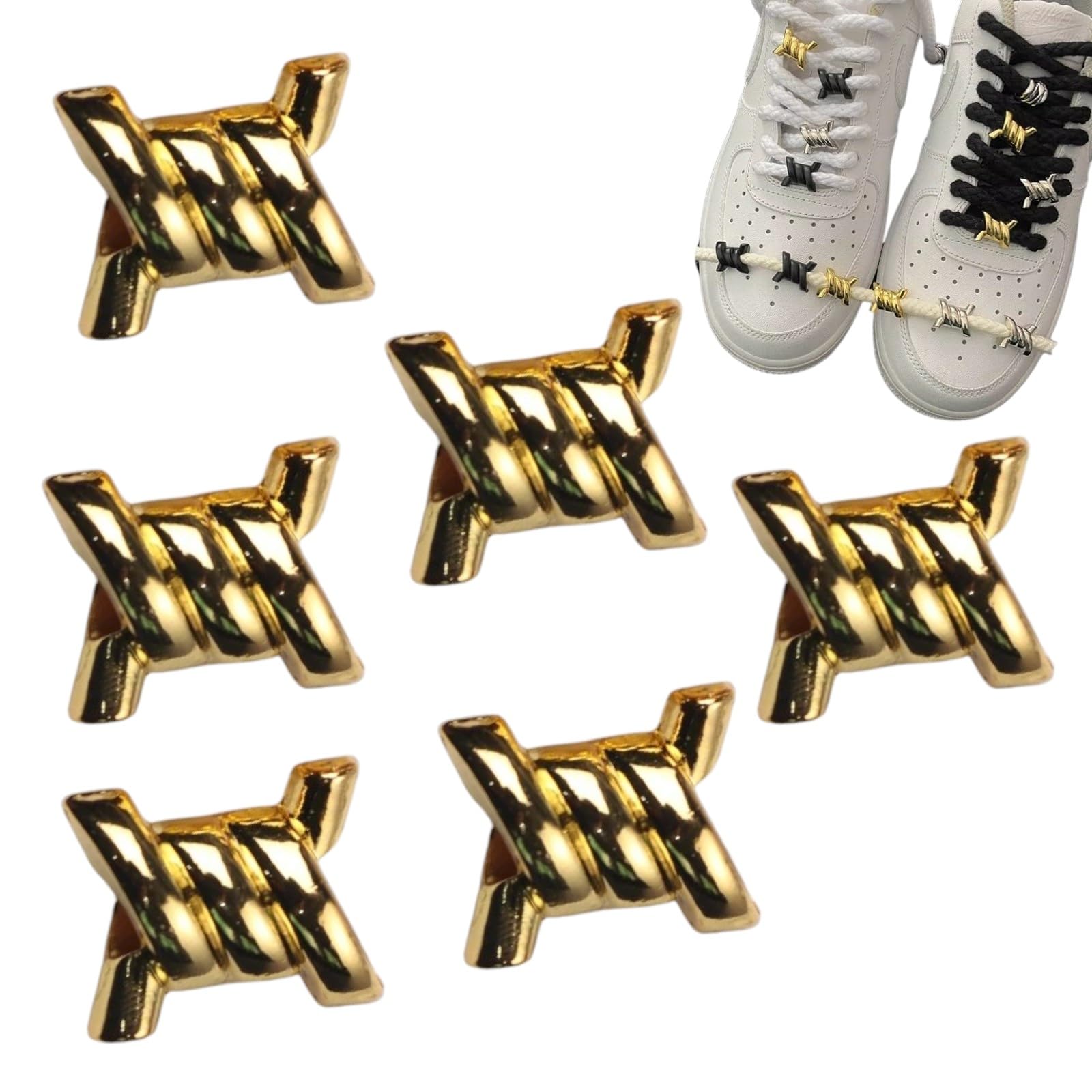 【送料無料】[GrandslamEX] 有刺鉄線 シューズ ピアス 6個セット アクセサリー 靴紐 シューアクセ ピアス チャーム スニーカー デュブレ プレート パーツ 部品 金具 銀 黒金属 装飾 靴 飾り シルバー 鉄条網 (ゴールド) [並行輸入品] 色：ゴールド、サイズ：FREE