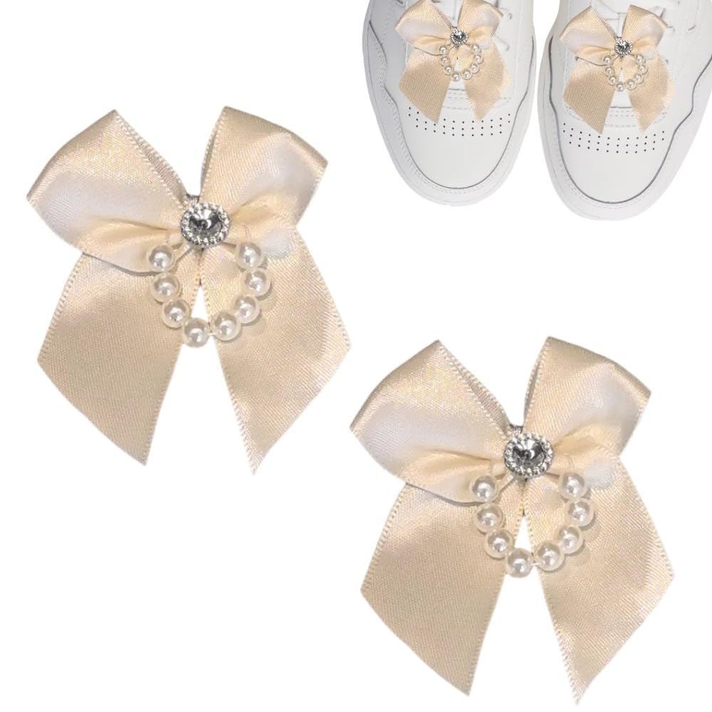 【送料無料】[GrandslamEX] リボン シューズ ピアス 2個セット アクセサリー 靴紐 シューアクセ ピアス チャーム スニーカー ローファー パンプス デュブレ プレート パーツ 部品 金具 装飾 靴 飾り ロリータ パール 色：ホワイトxパール、サイズ：FREE