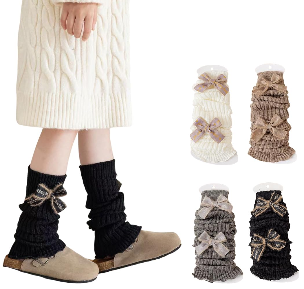 【送料無料】[ZGKULAEAOW] レッグウォーマー キッズ 2足セット 大きめなリボン ルーズソックス子供 女の子 冷え対策 派手 ダンス衣装 暖かい 秋冬 色：ホワイト/ブラック、サイズ：40cm