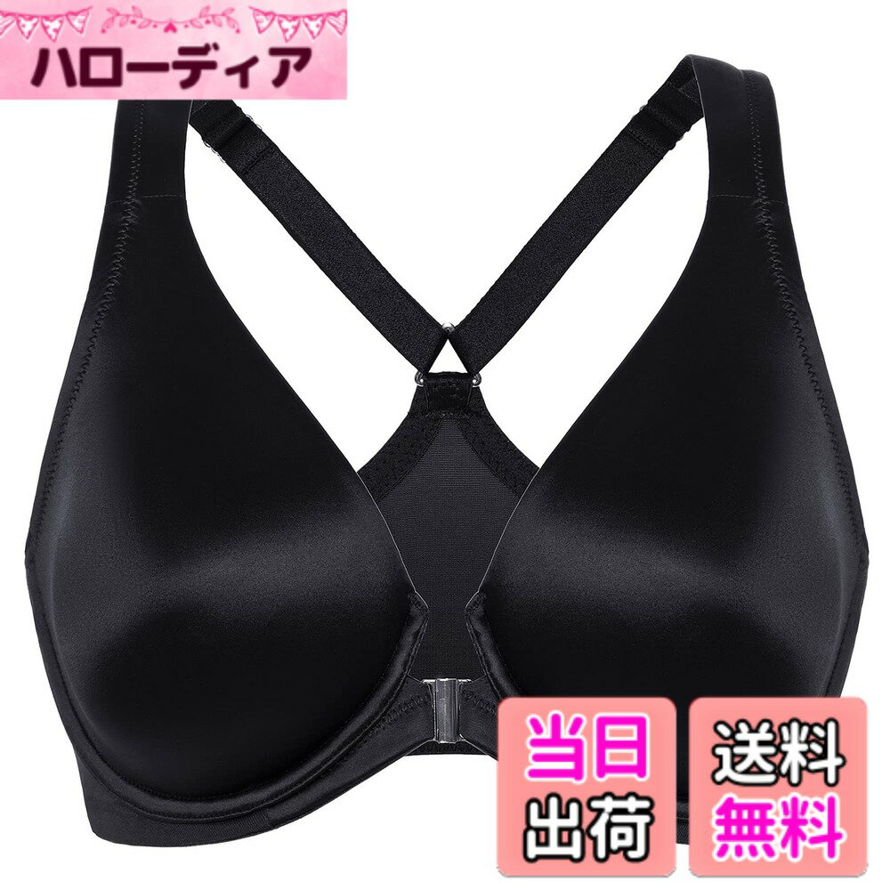 【送料無料】[DELIMIRA] フロントホック ブラジャー レディース 大きいサイズ サテン質感 ワイヤー入り パッドなし Tシャツブラ 色：ブラック、サイズ：G80