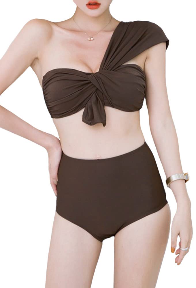 【送料無料】[Ressh.N] ビキニ 水着 レディース セパレート ワンショルダー ノン ワイヤー ハイウエスト 体型カバー 色：キャメル、サイズ：XL