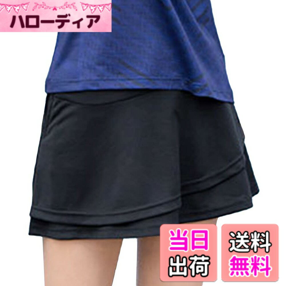 【送料無料】[Ressh.N] 【テニス指導員監修 両外ポケット付き】 スコート テニススカート レディース インナー付 ストレッチ スポーツウエア 色：ブラック、サイズ：L