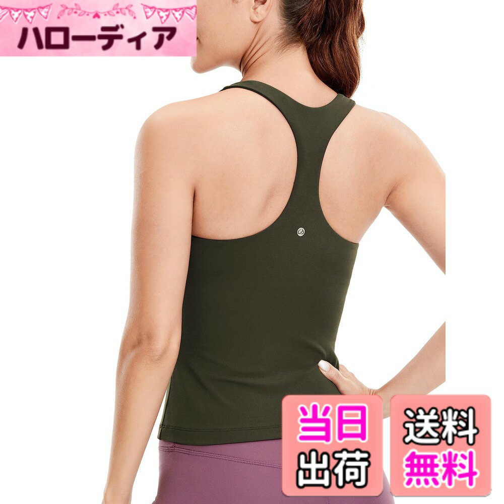 【送料無料】[CRZ YOGA] タンクトップ スポーツウェア レディース ヨガウェア カップ付 レーサーバック 速乾 通気性 ストレッチ性 フィットネス ブラトップ Butterluxe 色：オリーブグリーン、サイズ：M Regular