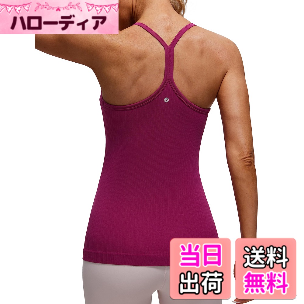 【送料無料】[CRZ YOGA] ヨガウェア レディース タンクトップ スポーツ キャミソール 速乾 リブ編み パッド付 Yバック フィットネストップス 色：マゼンタ・パープル、サイズ：M Regular