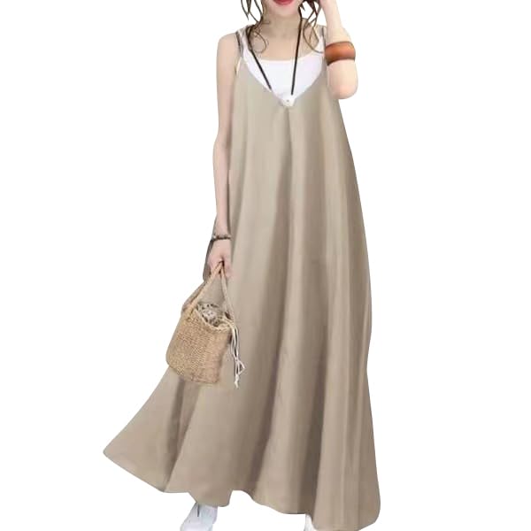 【送料無料】[Ressh.N] キャミワンピース レディース 夏 【とても薄手でサラサラした軽い生地】 ロングワンピース 肩ひも調整 マタニティ Aライン フレア 色：ベージュ、サイズ：2XL