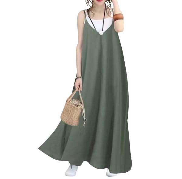 【送料無料】[Ressh.N] キャミワンピース レディース 夏 【とても薄手でサラサラした軽い生地】 ロングワンピース 肩ひも調整 マタニティ Aライン フレア 色：カーキ、サイズ：M