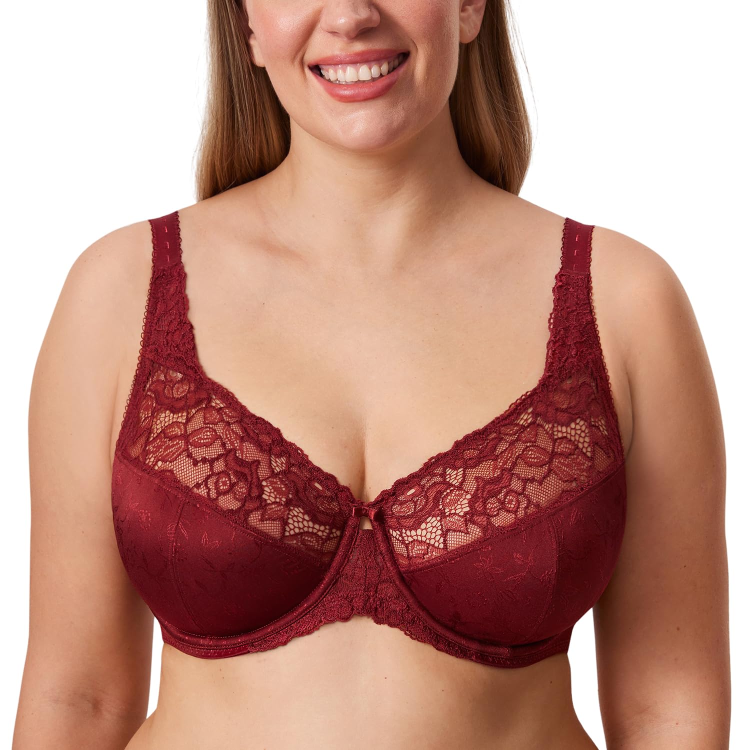 【送料無料】[DELIMIRA] ブラジャー 大きいサイズ フルカップ 花柄レース ワイヤー入り パッドなし 脇高 背中スッキリ 小さく見せるブラ 胸を小さく見せるブラ 色：アンドラレッド、サイズ：B90