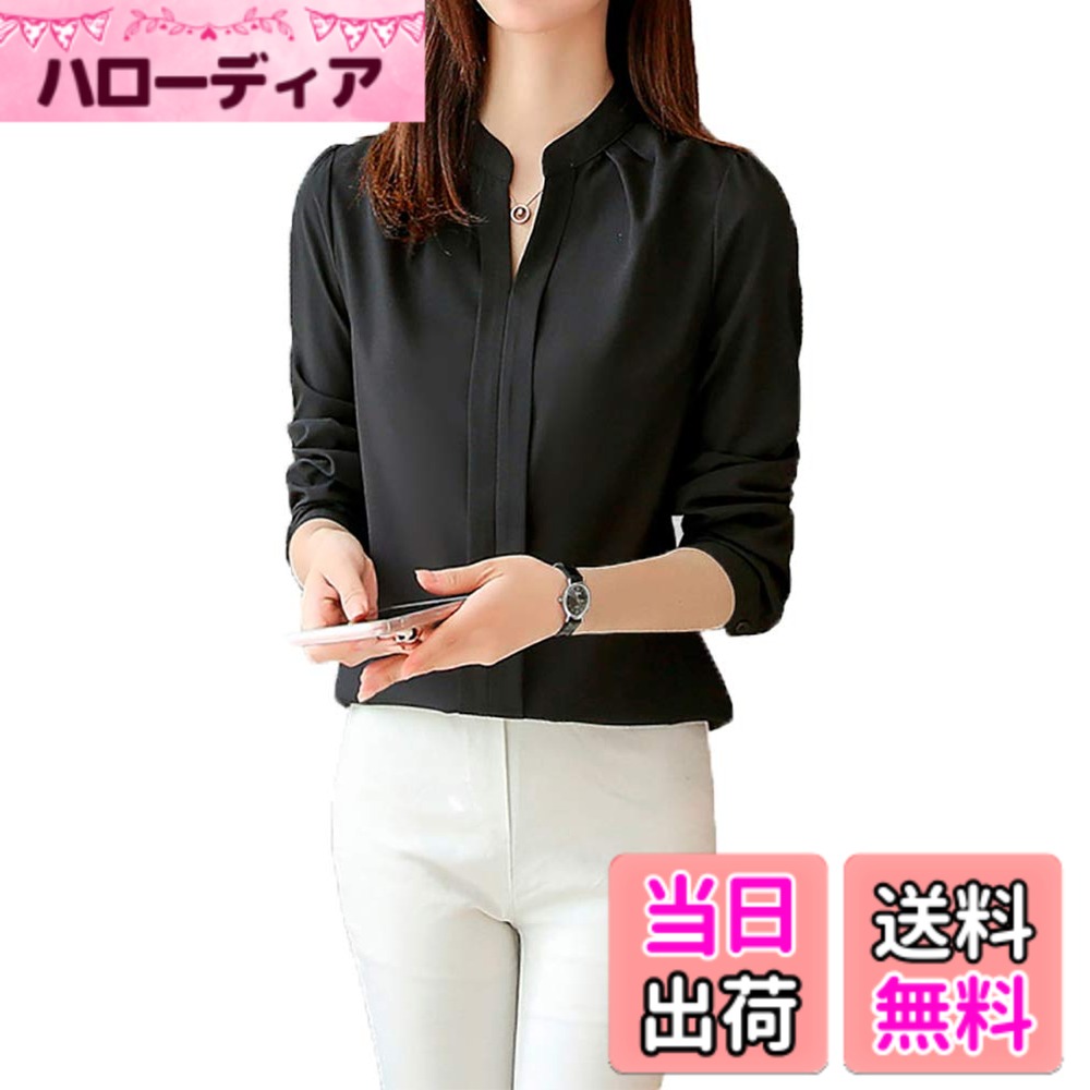 Other - 【送料無料】[Ressh.N] ブラウス レディース 長袖 無地 Vネック スタンドカラーシャツ オフィス 事務服 フォーマル カジュアル 色：ブラック、サイズ：M