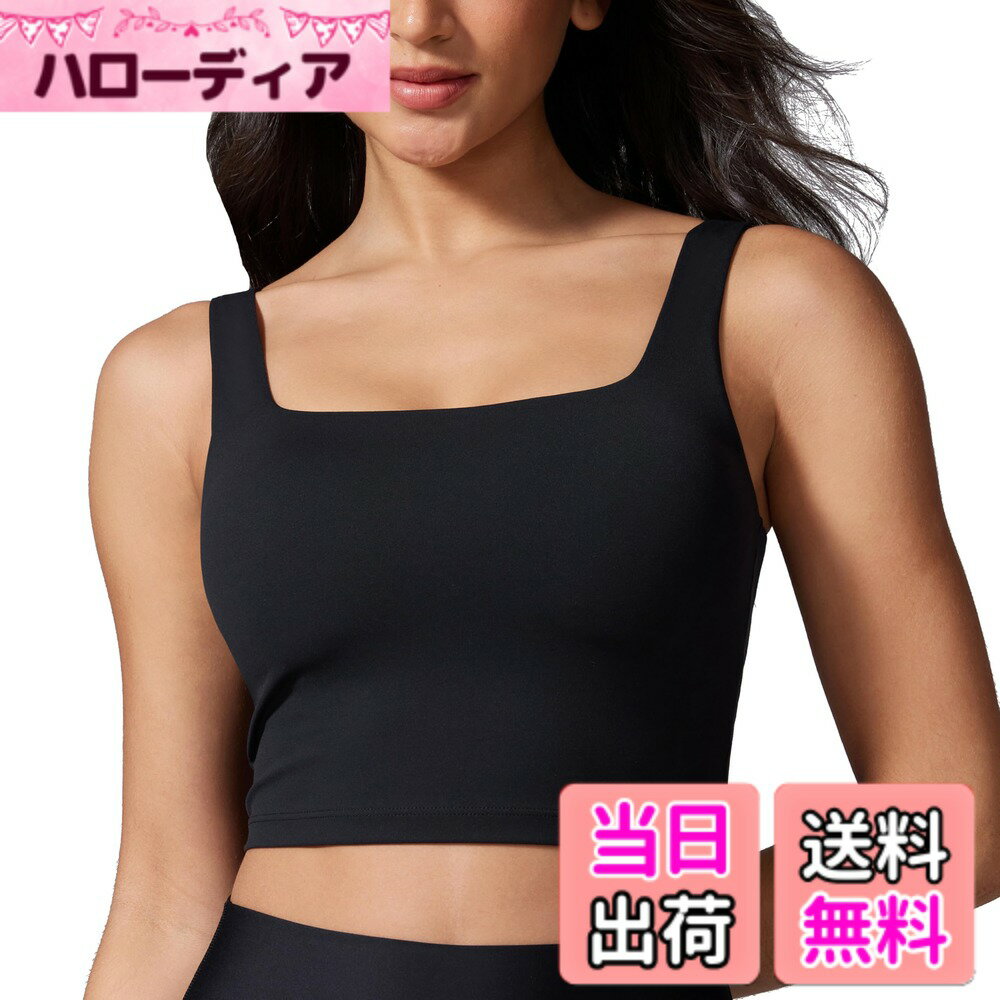 【送料無料】[CRZ YOGA] ヨガウェア トップス カップ付き レディース ブラトップ 速乾 伸縮性 スクエアネック クロップド タンクトップ Butterluxe 色：ブラック、サイズ：M Regular