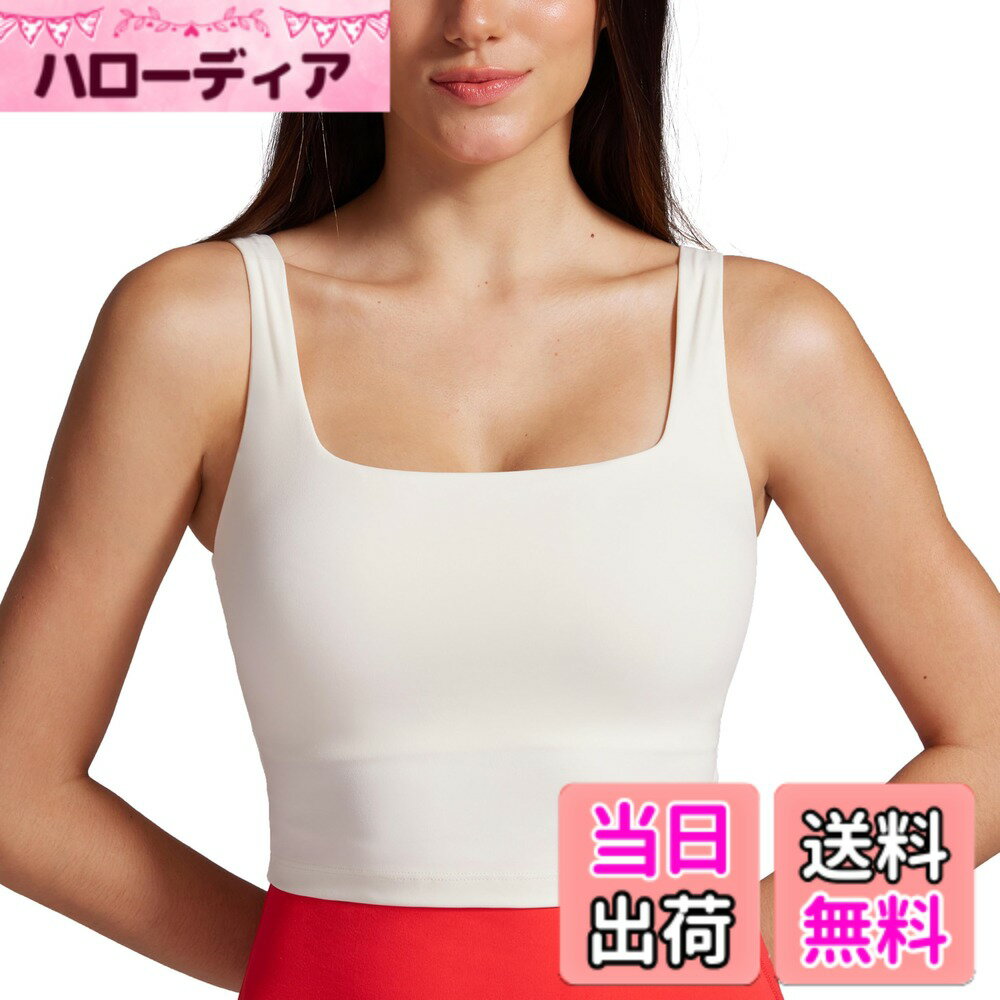 【送料無料】[CRZ YOGA] ヨガウェア トップス カップ付き レディース ブラトップ 速乾 伸縮性 スクエアネック クロップド タンクトップ Butterluxe 色：白あんず、サイズ：L Regular