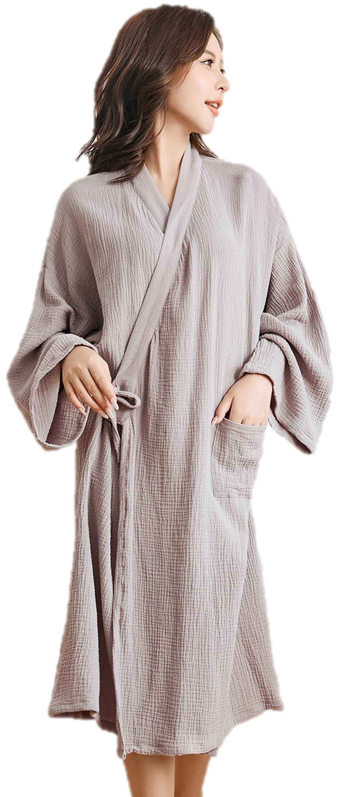 【送料無料】［Bobo&Hanhan］パジャマ ダブルガーゼ バスローブ 綿100％ メンズ レディース お風呂上がり 優しい肌触り コットン素材 男女兼用 ルームウェア ホテル 部屋着 色：グレー、サイズ：L