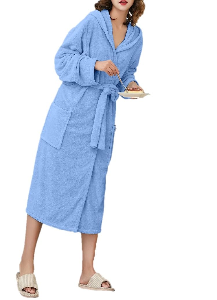 【送料無料】［Bobo&Hanhan］パジャマ バスローブ フード付き レディース メンズ 乾きやすい 吸水 リラックス 腰ベルト付き お風呂上がり ママ 優しい肌触り 男女兼用 カップル ロング ガウン ワンオペ ルームウェア ホテル 部屋着 春夏秋 色：ブルー、サイズ：Free Size