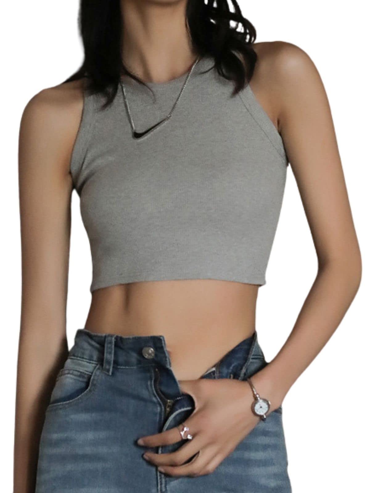 【送料無料】[AUSKY] 上質 ニット レディース タンクトップ ベスト キャミソール 着痩せ ノースリーブ インナー 丸首 ミニ丈 アンダージャツ トップス タイト 無地 春 夏 秋 セクシー お洒落 伸縮性 学生 大人 パーティー デート お出かけ 色：ライトグレー、サイズ：XL