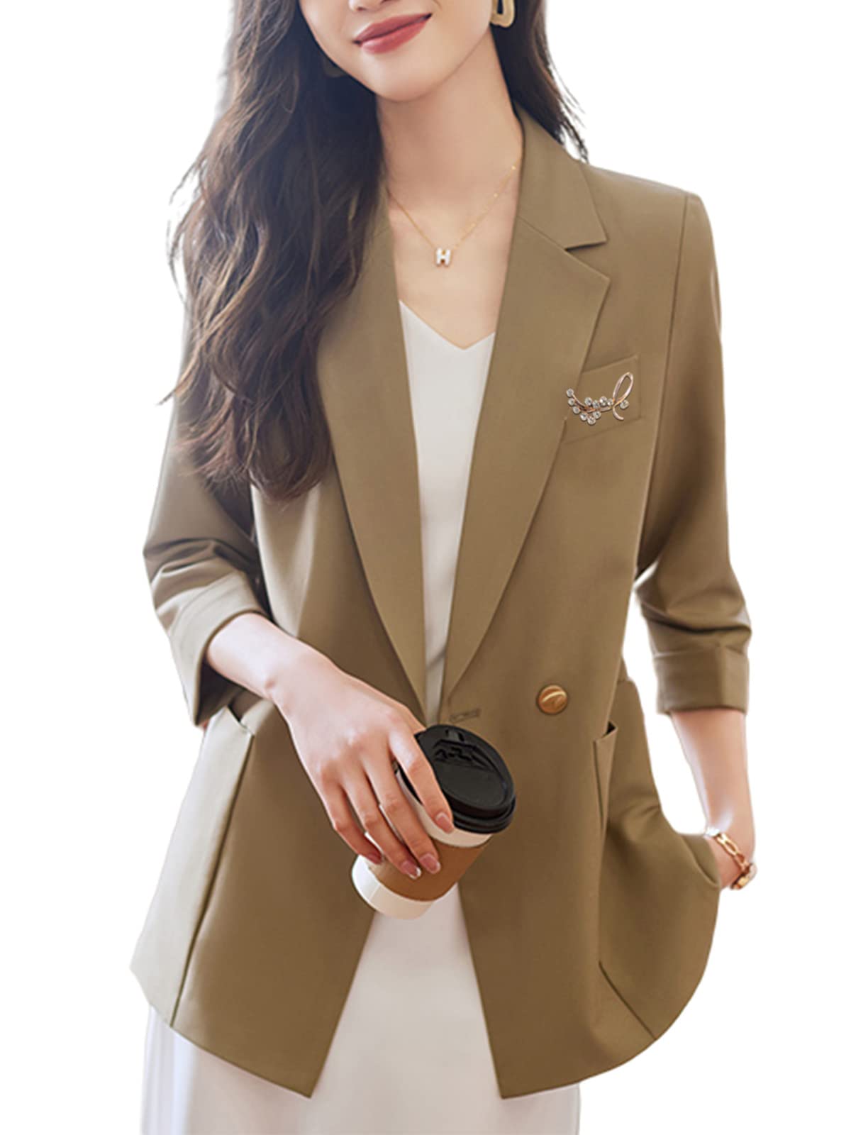 【送料無料】[AUSKY] 上質 レディース ジャケット Vネック スーツ ブローチ付き ロング 七分袖 ボタン留め ポケット ショルダーパッド 着せ 無地 シンプル 大人 通勤 フォーマル 普段着 ビジネス 面接 春 夏 秋 OL 色：カーキ、サイズ：XL