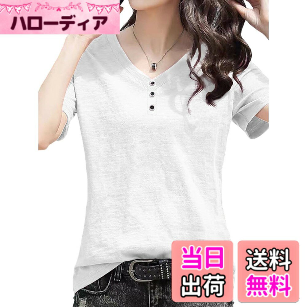 【送料無料】[AUSKY] 上質 レディース トップス Tシャツ 5ネック 半袖 フィット ボタン  ...