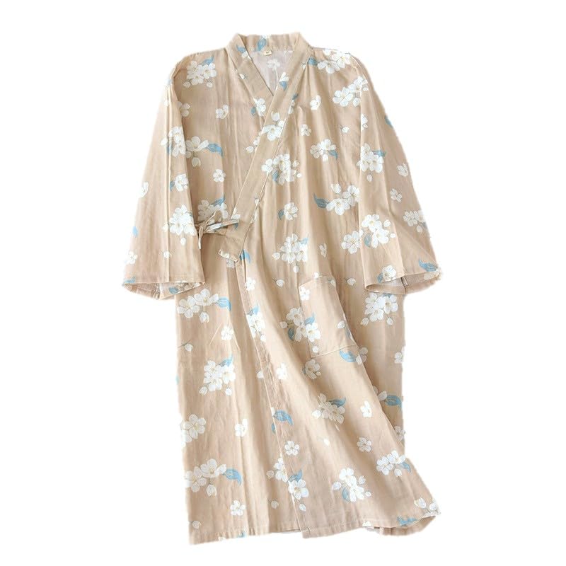【送料無料】［Bobo&Hanhan］パジャマ ダブルガーゼ バスローブ 綿100％ プリント レディース メンズ 浴衣 お風呂上がり 優しい肌触り コットン素材 男女兼用 ルームウェア ホテル 部屋着…… 色：ベージュ花、サイズ：Free Size