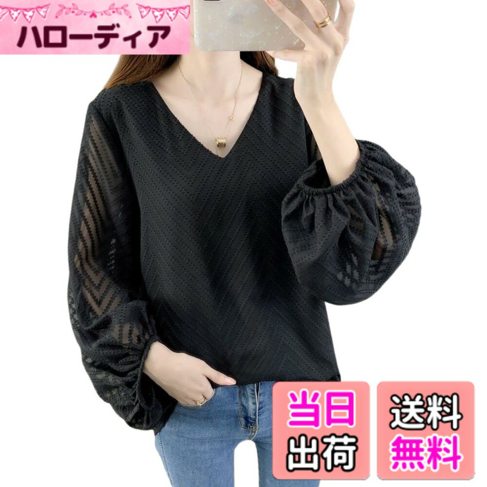 【送料無料】[AUSKY] 上質 レディース Tシャツ トップス vネック シャツ 長袖 シフォン ブラウス 刺 ゆったり 花柄 切り替え 裏地付き オーバーサイズ カジュアル 万能アイテム 着痩せ 体型カバー 春 夏 秋 普段着 色：ブラック、サイズ：L