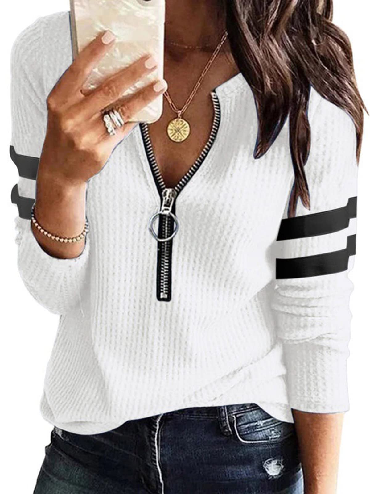 【送料無料】[AUSKY] 上質 Tシャツ レディース ファスナー付き フロント Vネック 長袖 トップス コントラスト色 大きいサイズ ハーフジップ プルオーバー お洒落 かっこいい 暖かい カットソー 前開き 学生 大人 春 秋 色：ホワイト、サイズ：XL Regular