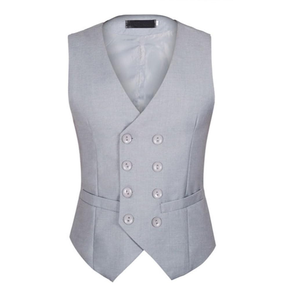 【送料無料】[BARYPORY] ビジネス ベスト メンズ スーツベスト無地 ダブルブレスト フォーマル スーツ仕立て スリム フィット 紳士 尾錠付き 上質 結婚式 卒業式 大きいサイズ 色：ライトグレー、サイズ：4XL