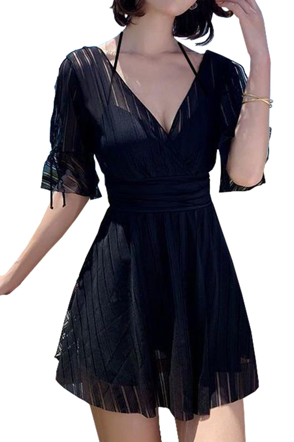 【送料無料】[Ptika] 水着 レディース ワンピース フリル スカート ブラック シンプル モノキニ 体型カバー 色：ブラック、サイズ：L